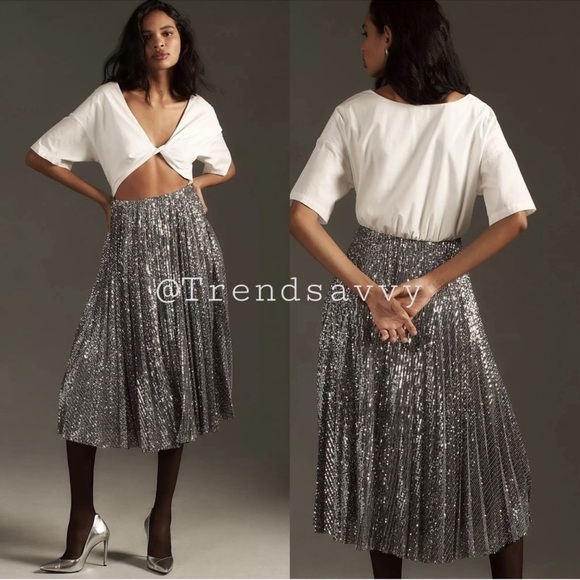 Anthropologie Delfi Collective Sequin Twofer Cutcout Midi Dress Silver White NWT - Picture 1 of 9